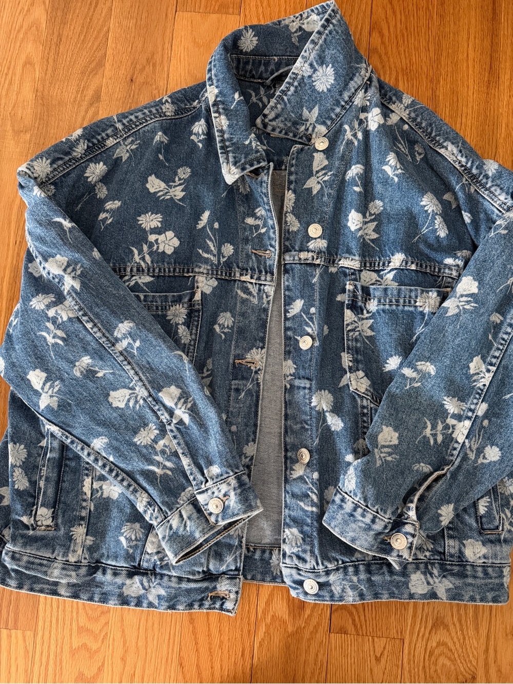 We The Free Blue Denim Jacket with White Floral Print